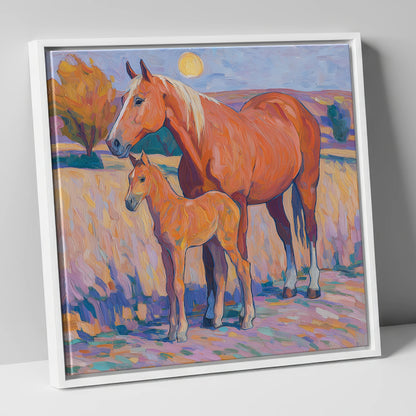 Radiant Chestnut Bond mare & foal canvas wall art in white frame