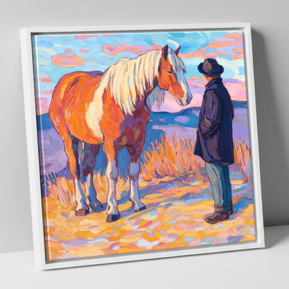 Golden Hour Harmony horse & rider canvas wall art in white frame