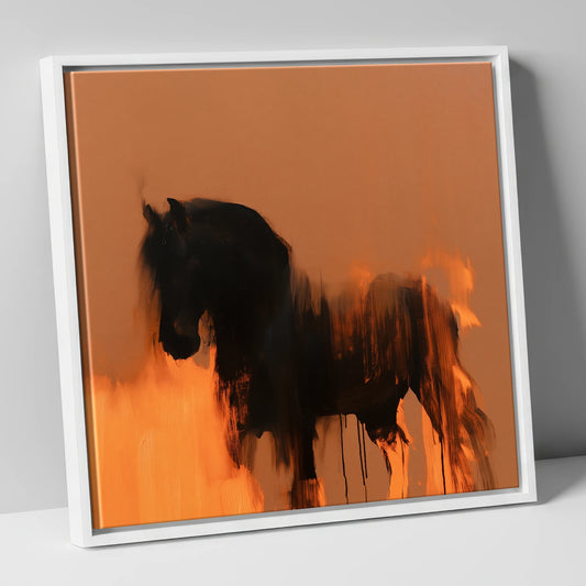 Black Friesian In Burnt Orange horse breed canvas wall art in white frame
