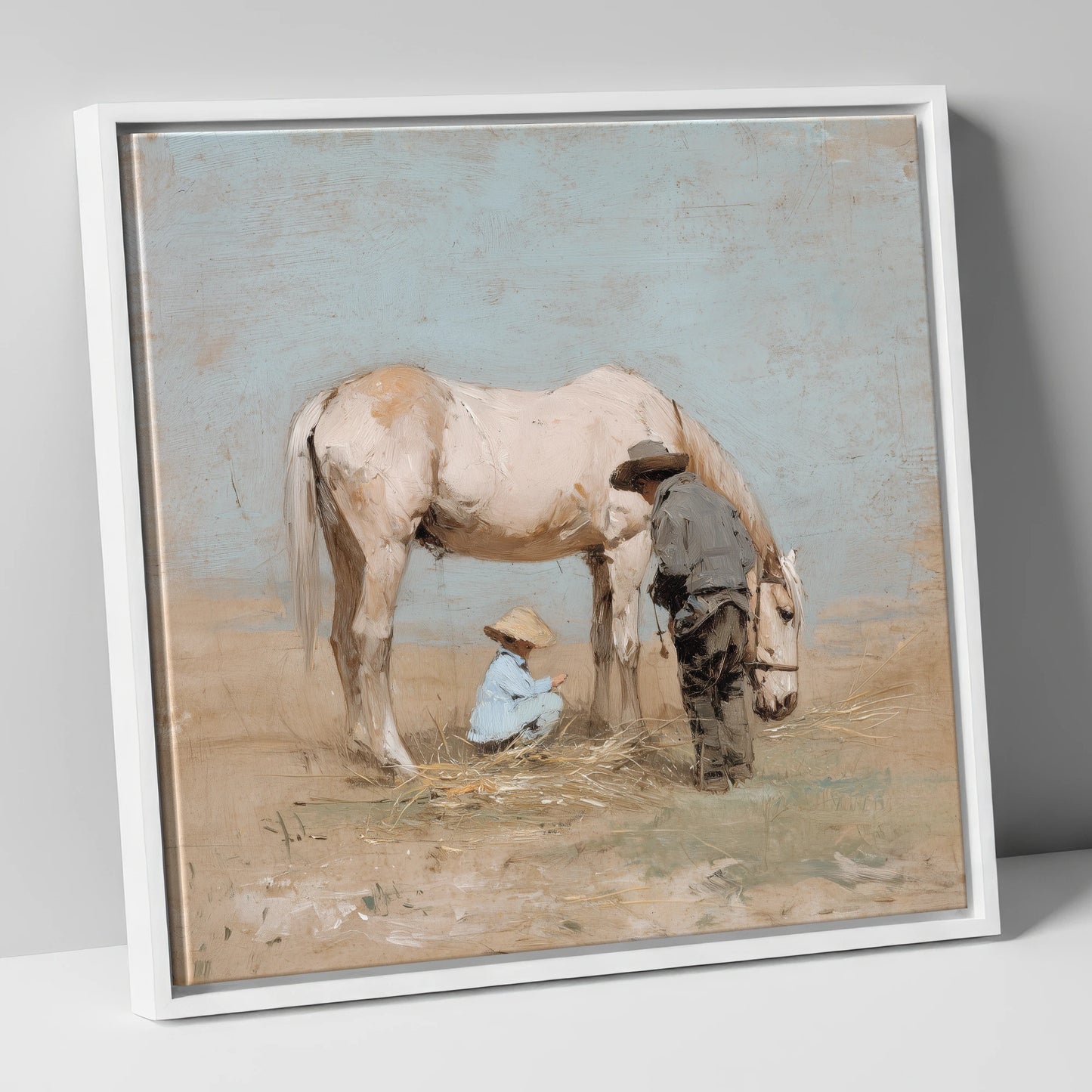 Sunlit Companions horse & rider canvas wall art in white frame