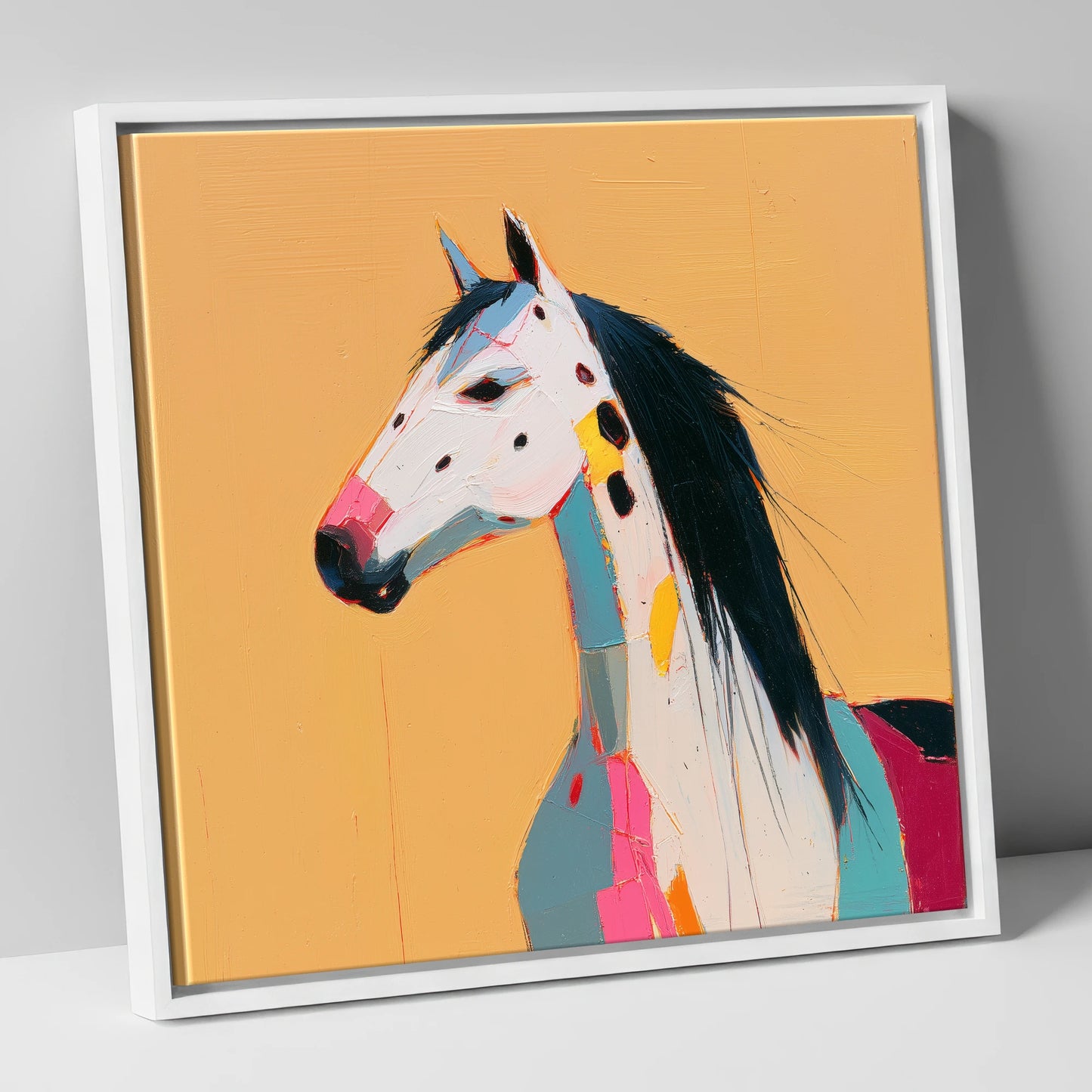 Vibrant Appaloosa Portrait horse breed canvas wall art in white frame