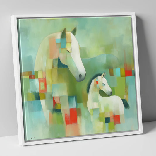 Structured Serenity mare & foal canvas wall art in white frame