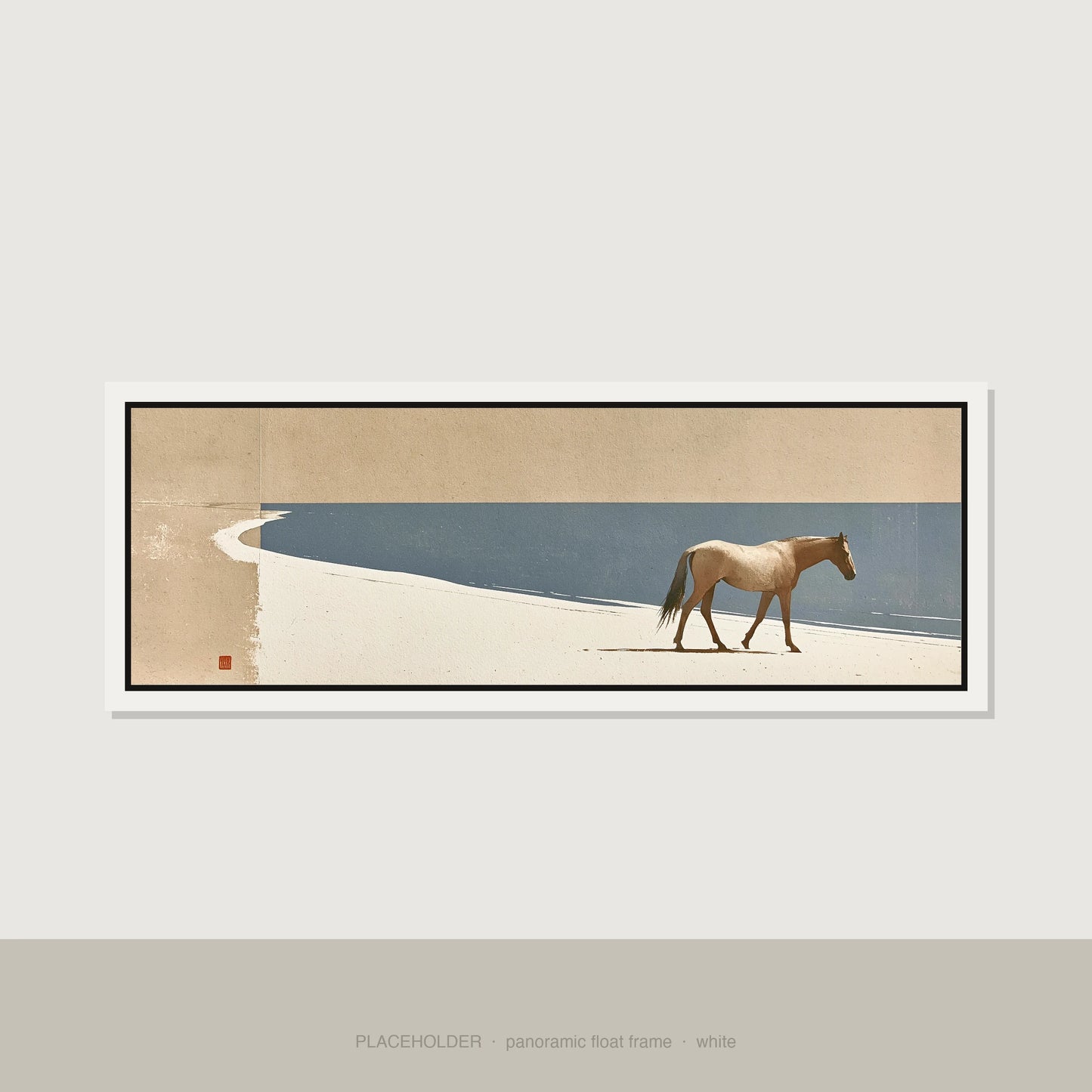 Quiet Shoreline Journey Horse Landscape panoramic canvas wall art in white float frame