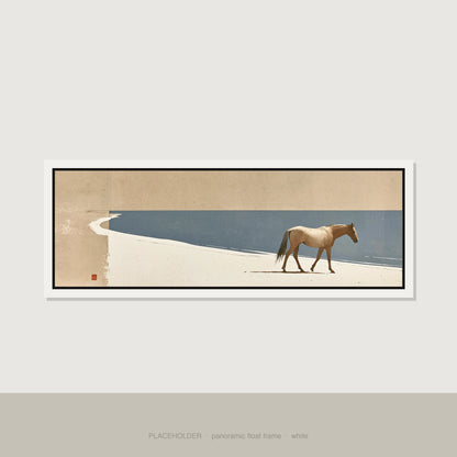 Quiet Shoreline Journey Horse Landscape panoramic canvas wall art in white float frame