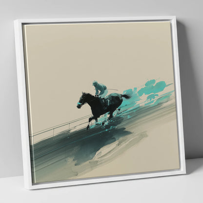Velocity in Teal racing horse canvas wall art in white frame