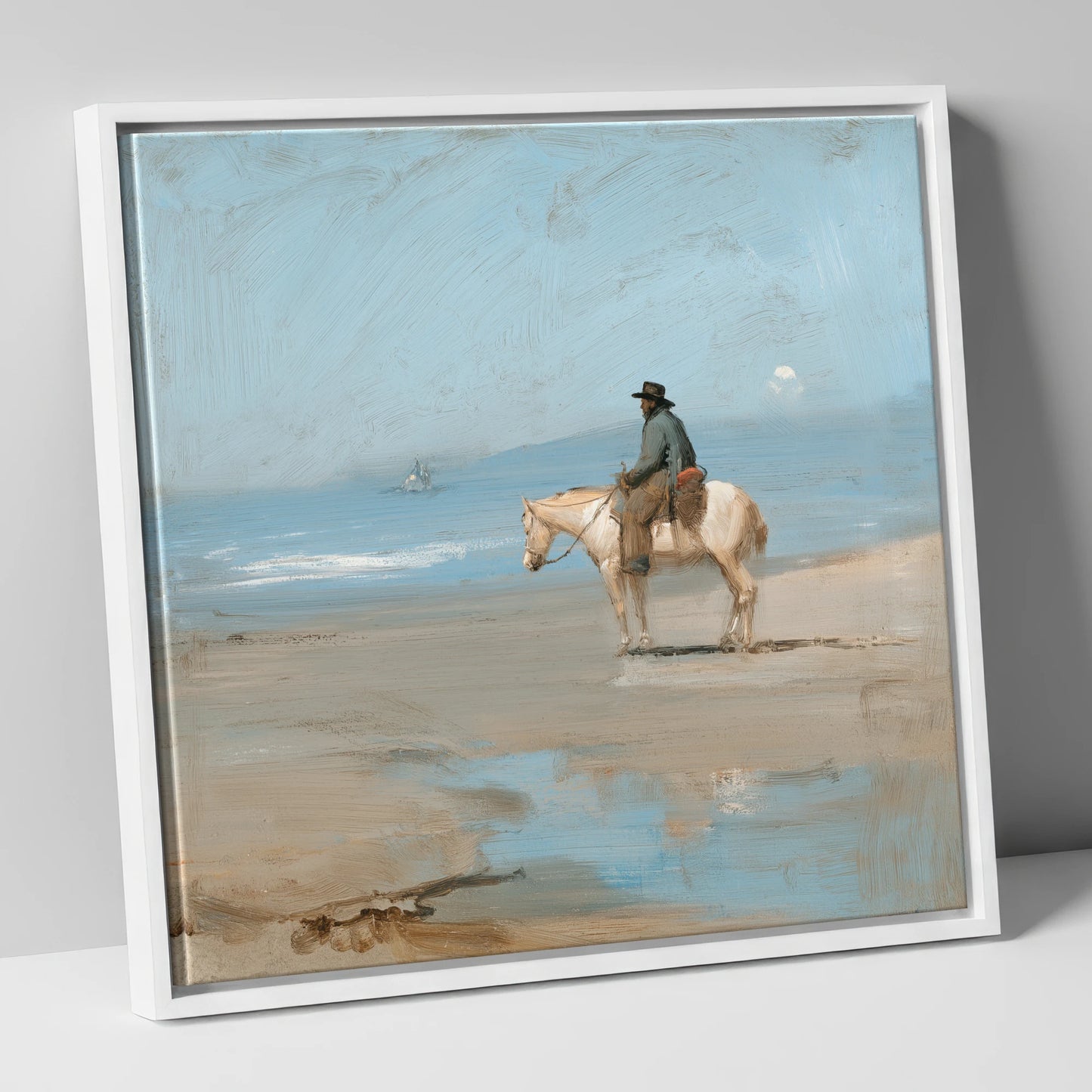 Coastal Contemplation horse landscape canvas wall art in white frame