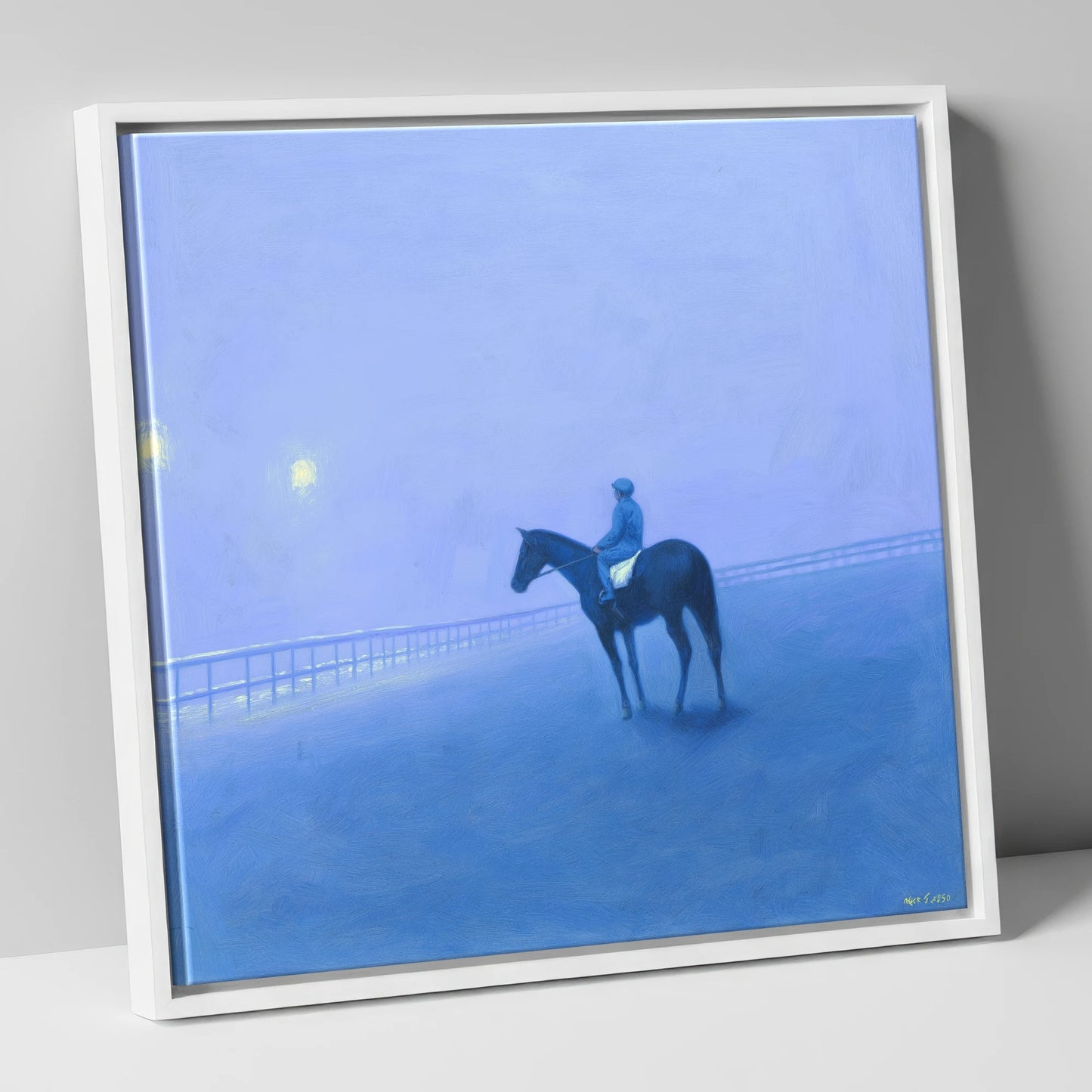 Dawn on the Gallops racing horse canvas wall art in white frame