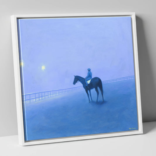 Dawn on the Gallops racing horse canvas wall art in white frame