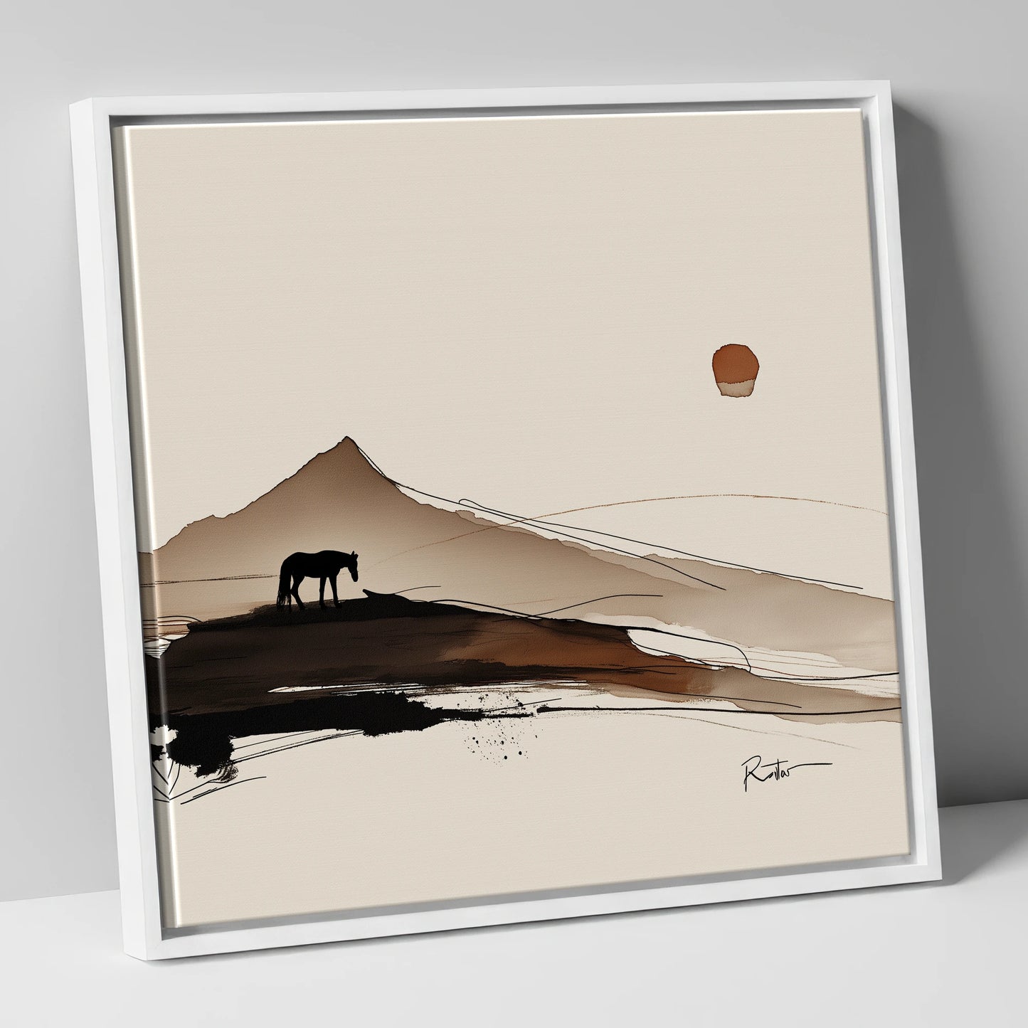 Solitude Beneath the Peak horse landscape canvas wall art in white frame