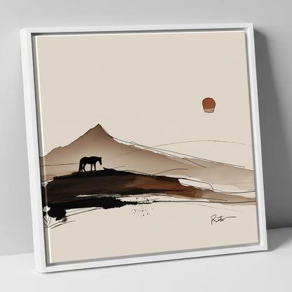 Solitude Beneath the Peak horse landscape canvas wall art in white frame