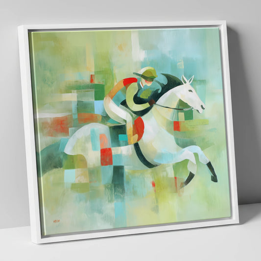 Modern Turf Mosaic racing horse canvas wall art in white frame