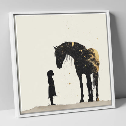 Whispers in Gold horse & rider canvas wall art in white frame