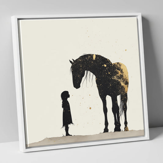 Whispers in Gold horse & rider canvas wall art in white frame