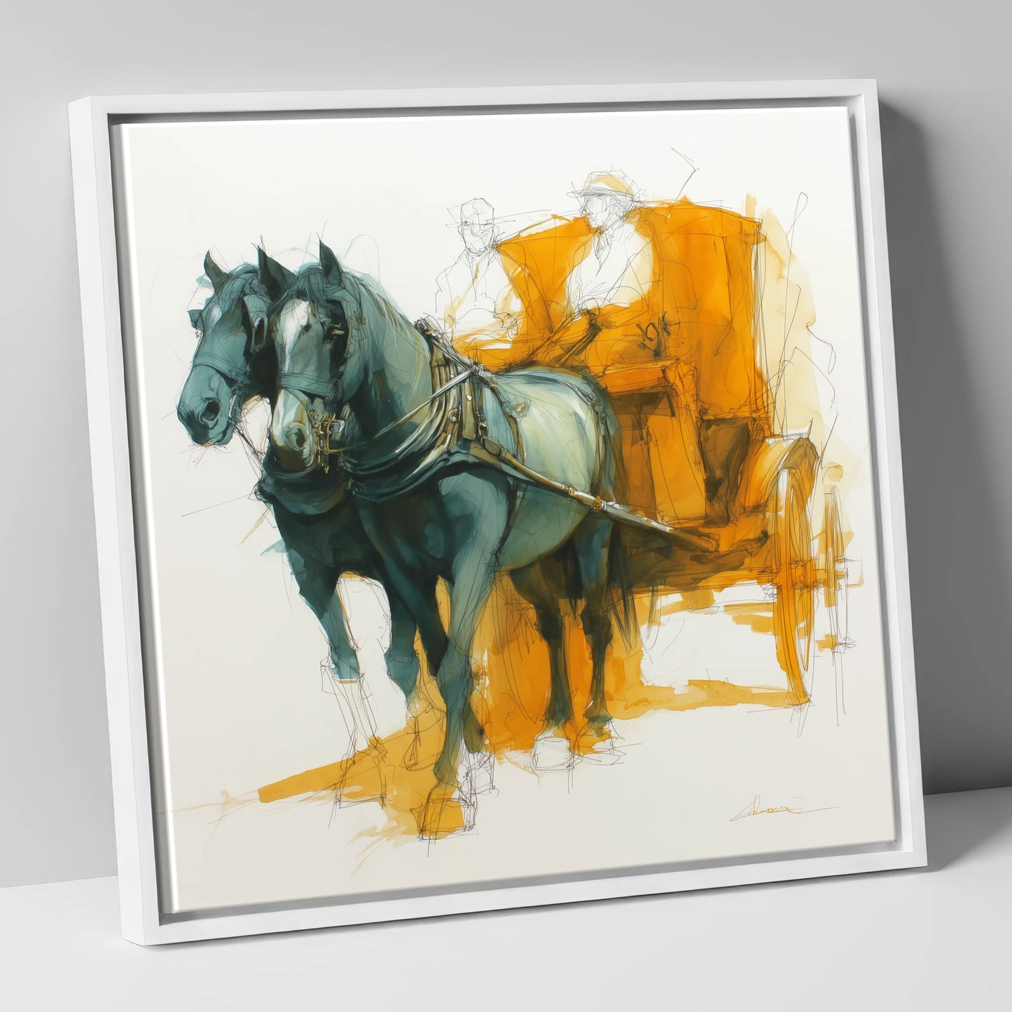 The Amber Carriage Pair working horse canvas wall art in white frame