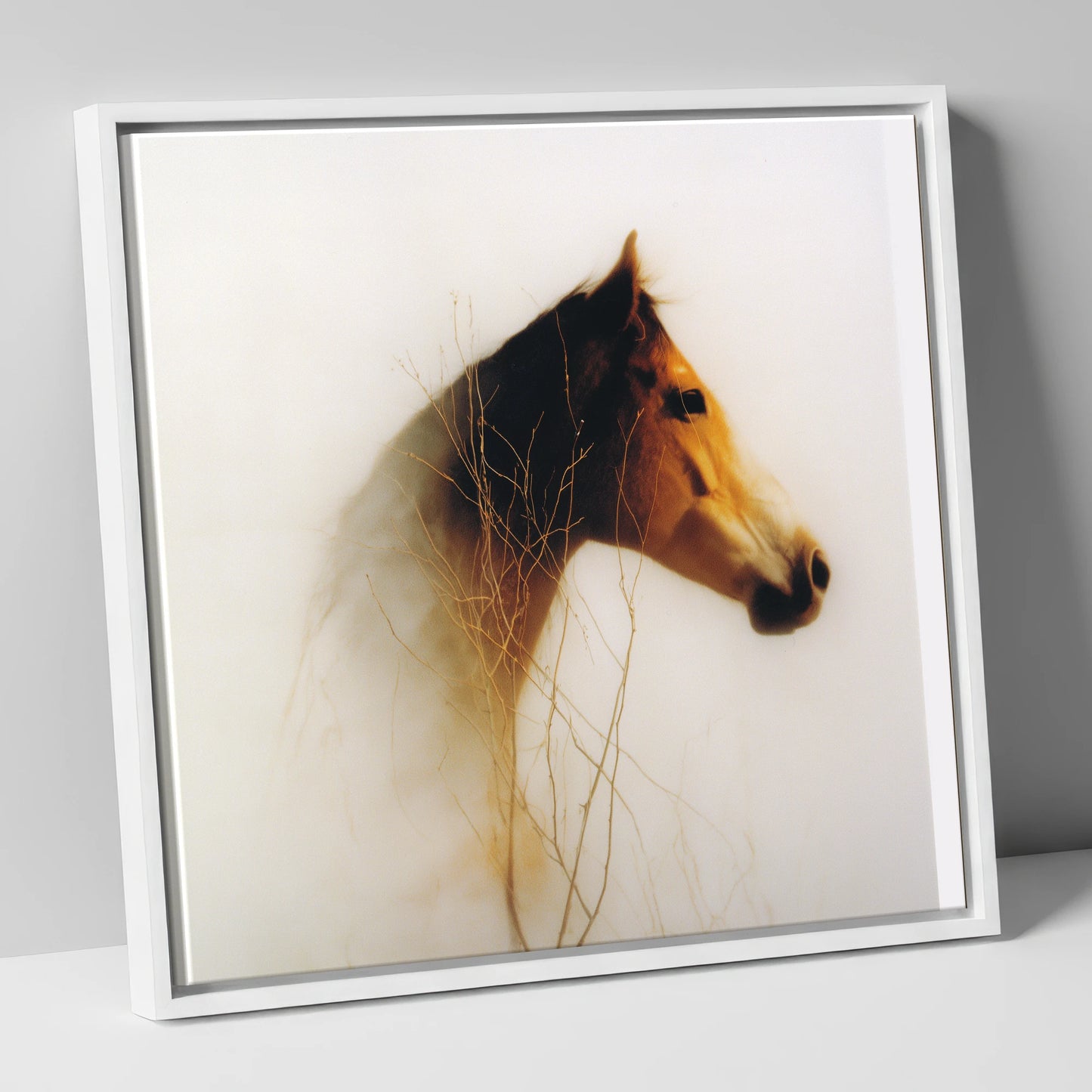 Ethereal Amber Portrait horse portrait canvas wall art in white frame