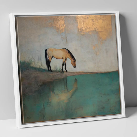 Gilded Equine Reflection horse landscape canvas wall art in white frame