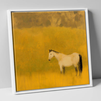 Golden Silence horse landscape canvas wall art in white frame