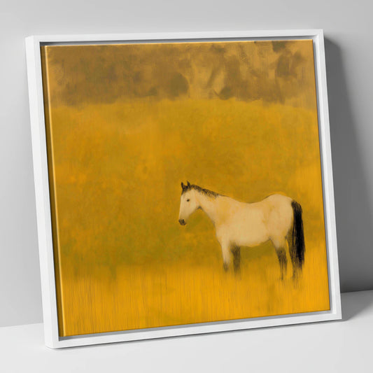 Golden Silence horse landscape canvas wall art in white frame