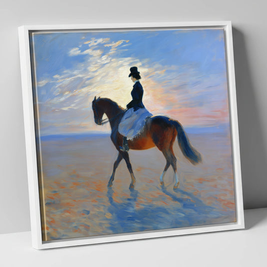 Dawn Elegance dressage horse canvas wall art in white frame