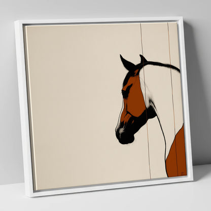 Minimalist Chestnut Silhouette horse portrait canvas wall art in white frame