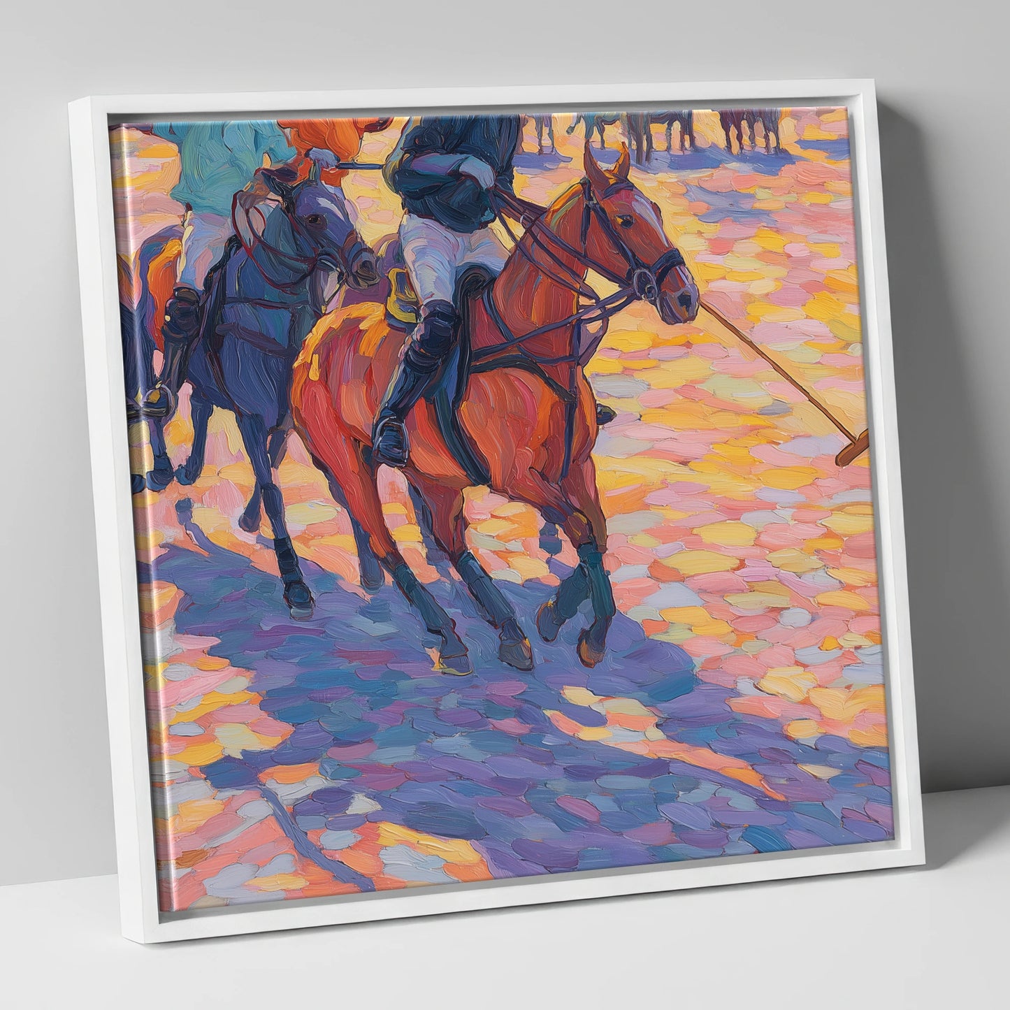 Sunset Chukka Shadows polo horse canvas wall art in white frame