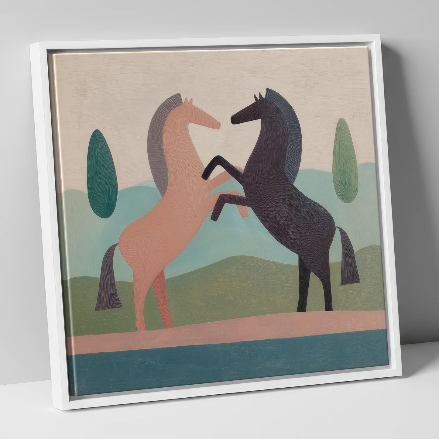 Earthy Equine Harmony wild horses canvas wall art in white frame