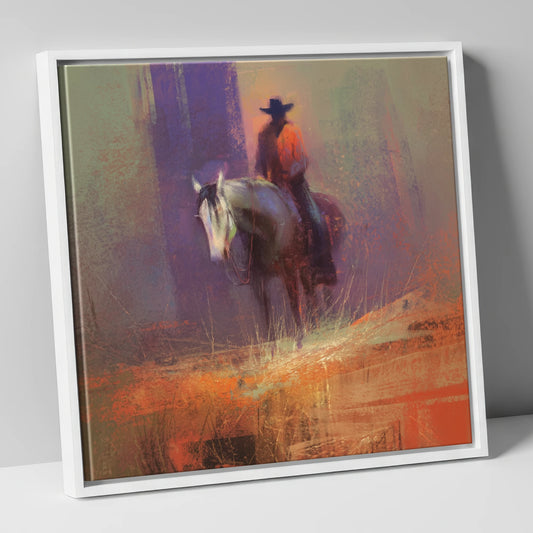 The Solitary Rider western horse canvas wall art in white frame