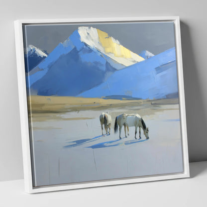 Golden Peak Grazing horse landscape canvas wall art in white frame