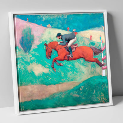 Flight Over Emerald Hills show jumping horse canvas wall art in white frame