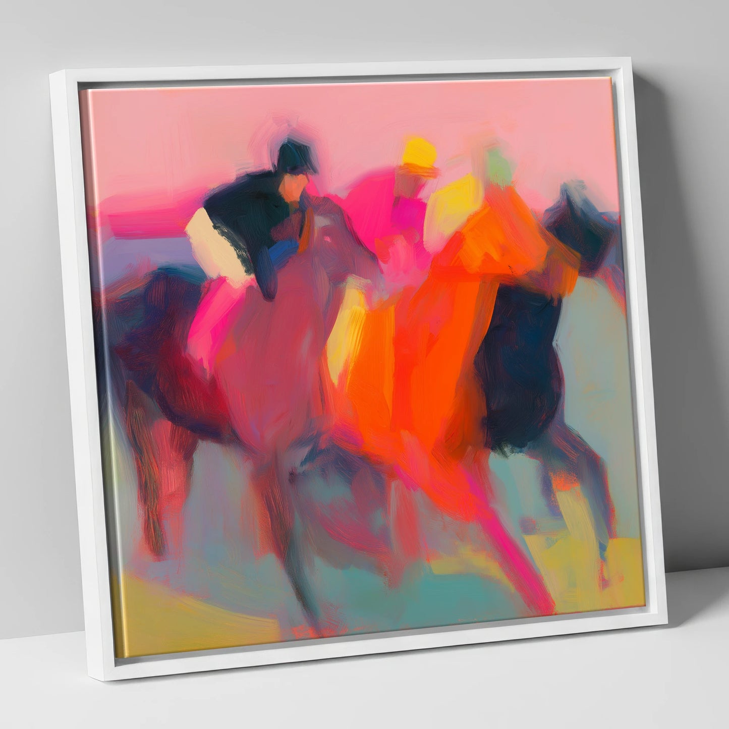Thundering Silks racing horse canvas wall art in white frame