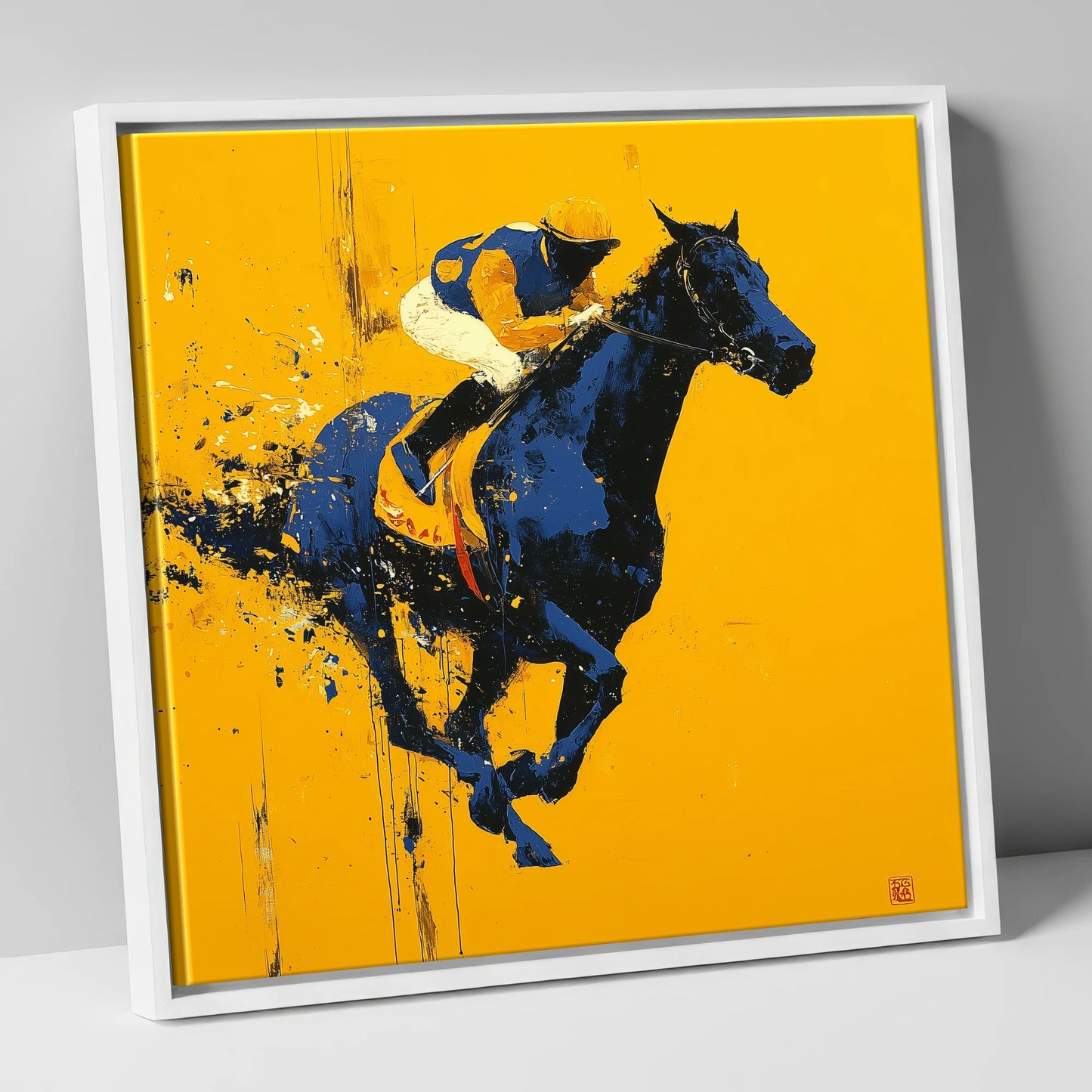 Midnight Pace on Gold racing horse canvas wall art in white frame