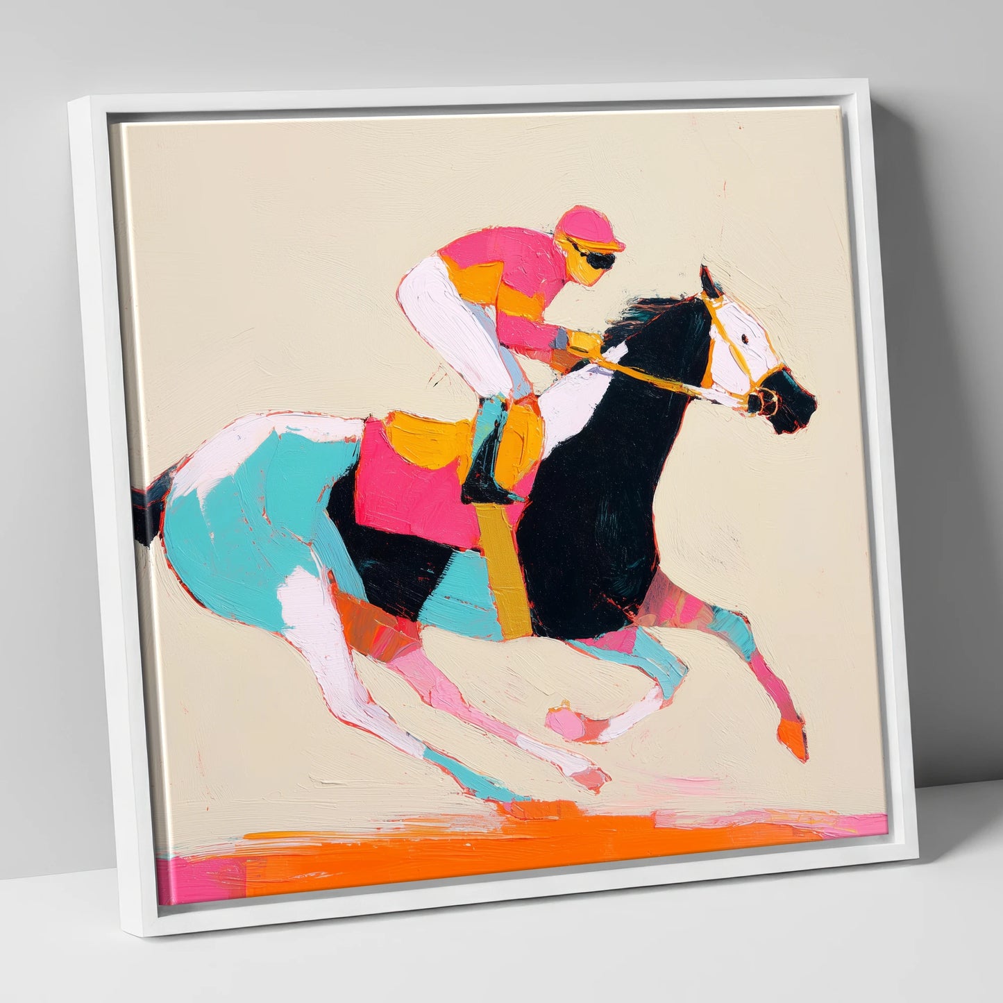 Technicolour Gallop racing horse canvas wall art in white frame
