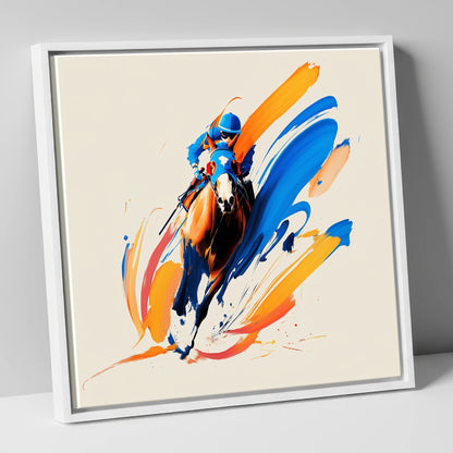 Blue Silks Surging racing horse canvas wall art in white frame