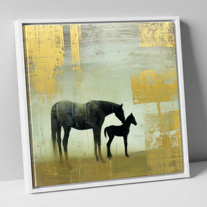 Gilded Maternal Bond mare & foal canvas wall art in white frame