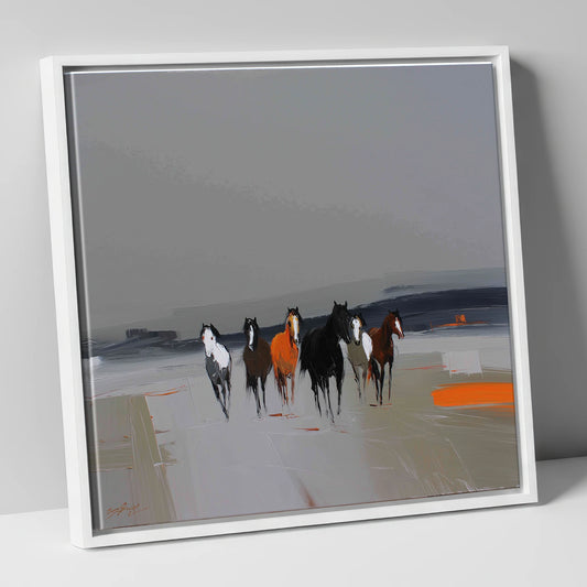 Vibrant Approach wild horses canvas wall art in white frame