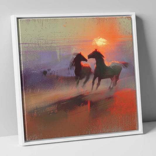 Untamed at Dusk wild horses canvas wall art in white frame