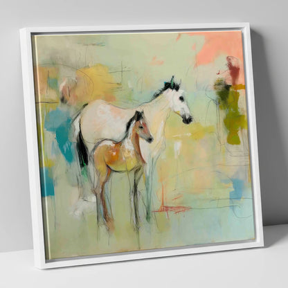 Ethereal Mare and Foal mare & foal canvas wall art in white frame