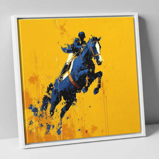 Airborne in Navy show jumping horse canvas wall art in white frame