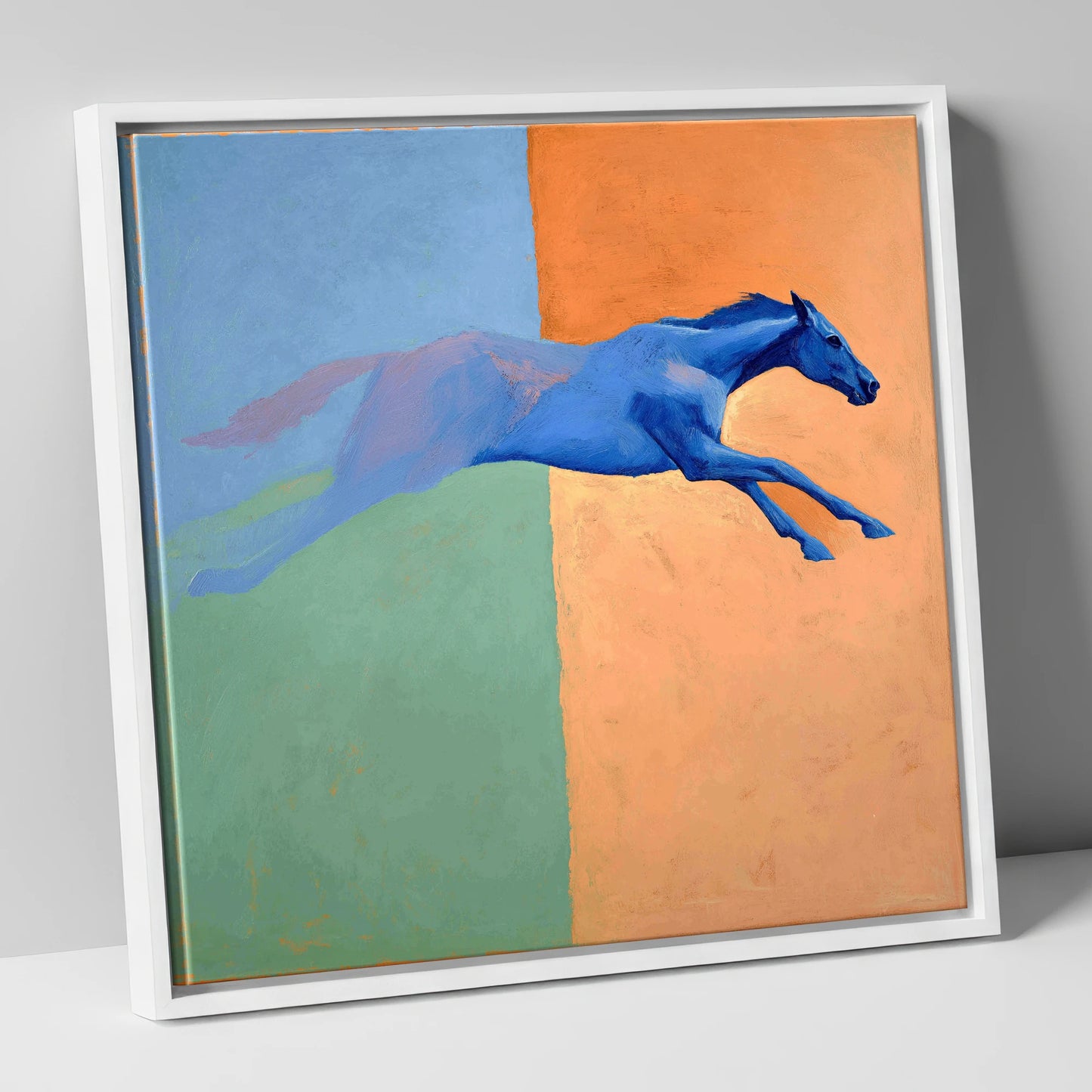 Cobalt Stretch racing horse canvas wall art in white frame