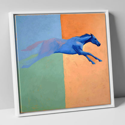 Cobalt Stretch racing horse canvas wall art in white frame