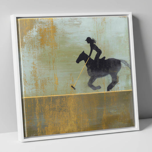 Gilded Polo Silhouette polo horse canvas wall art in white frame