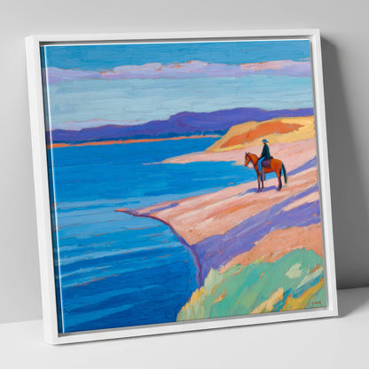 Edge of the Azure beach horse canvas wall art in white frame