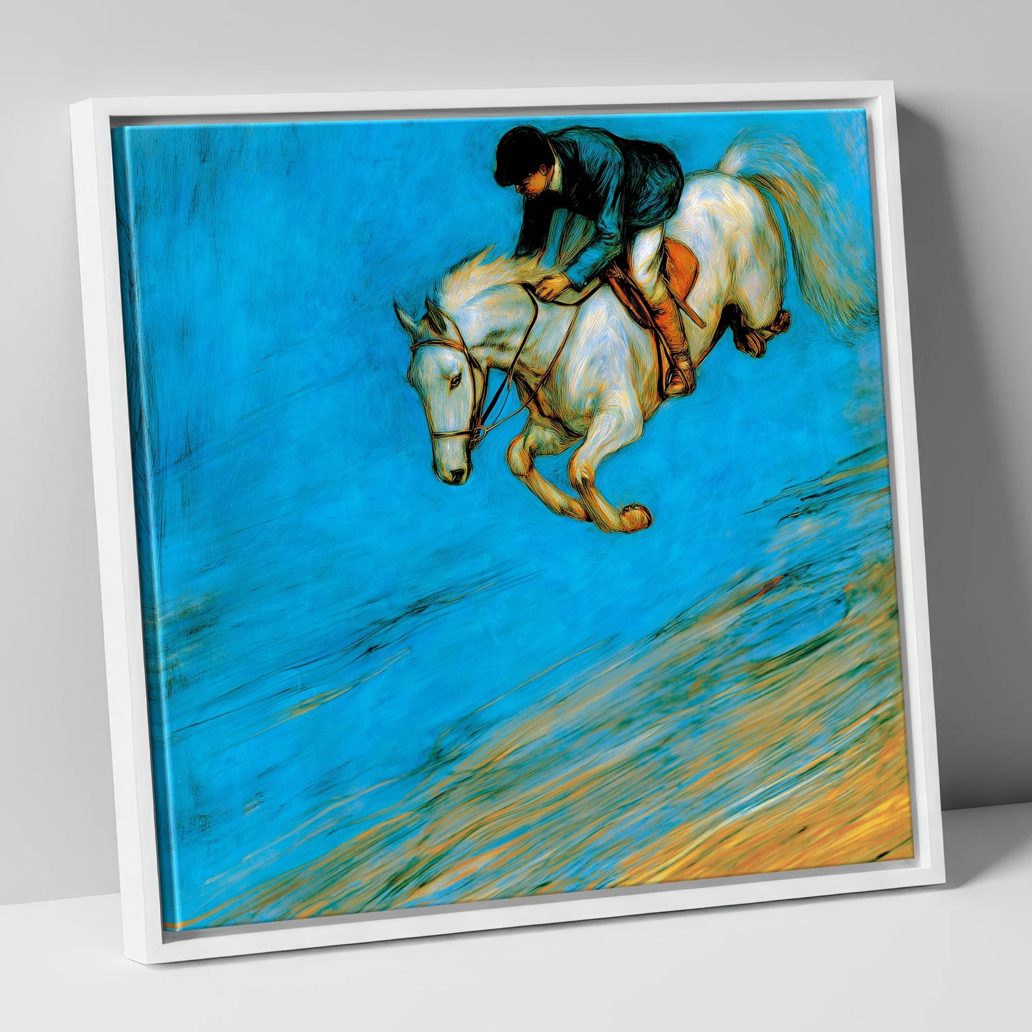 Cerulean Flight show jumping horse canvas wall art in white frame