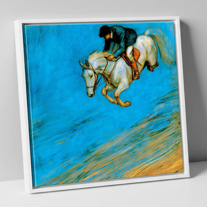 Cerulean Flight show jumping horse canvas wall art in white frame