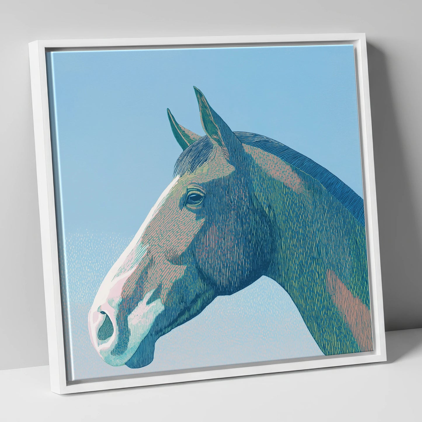 The Azure Profile horse portrait canvas wall art in white frame