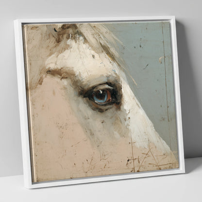 The Watchful Grey horse portrait canvas wall art in white frame