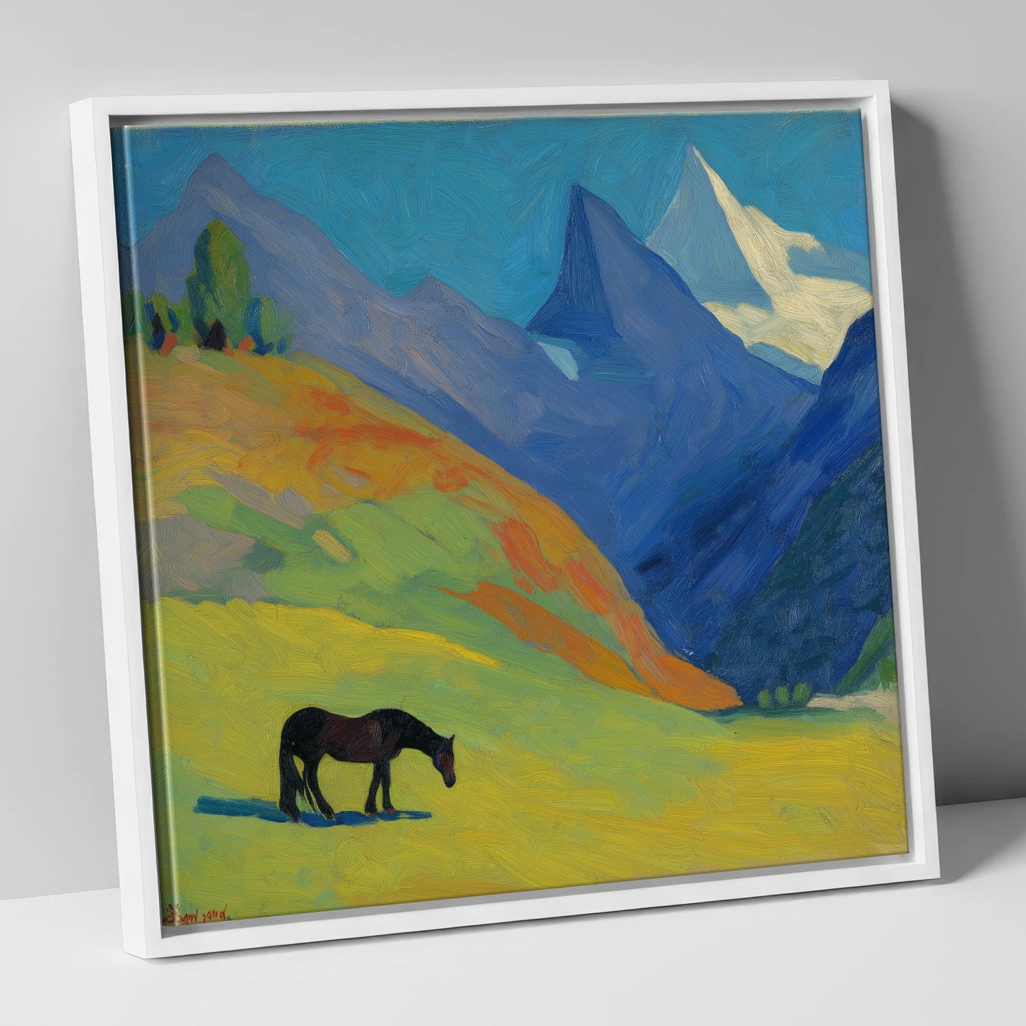 Vibrant Alpine Grazing horse landscape canvas wall art in white frame