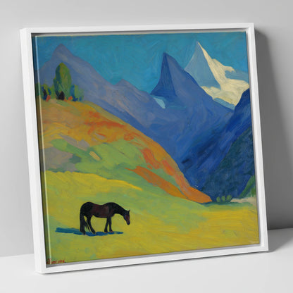 Vibrant Alpine Grazing horse landscape canvas wall art in white frame
