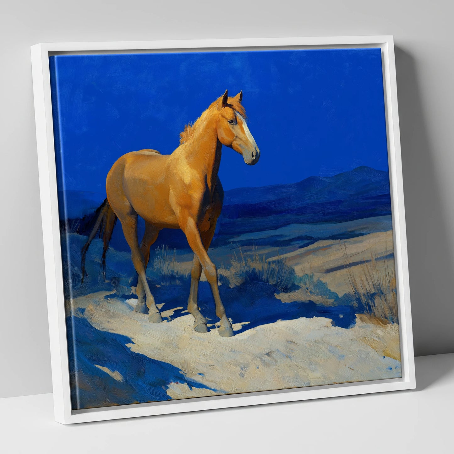 Sunlit Chestnut Stride horse landscape canvas wall art in white frame