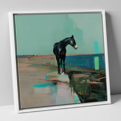 Silent Teal Horizon horse landscape canvas wall art in white frame